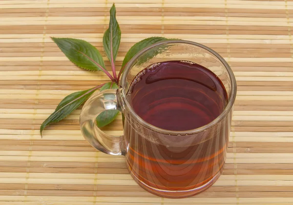Tetera asiática de hierro negro con ramitas de menta para té — Foto de Stock