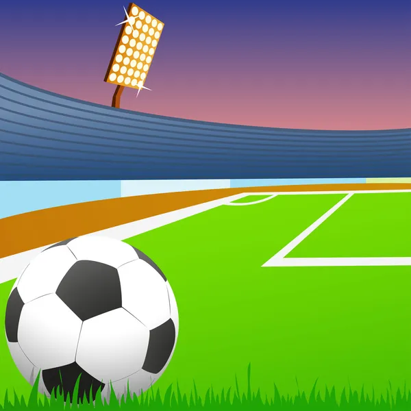 Balón de fútbol en el campo verde del estadio — Vector de stock