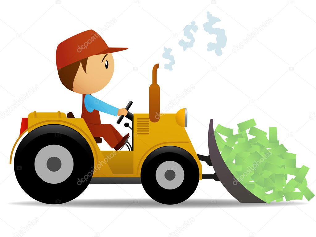 Cartoon bulldozer moving the money