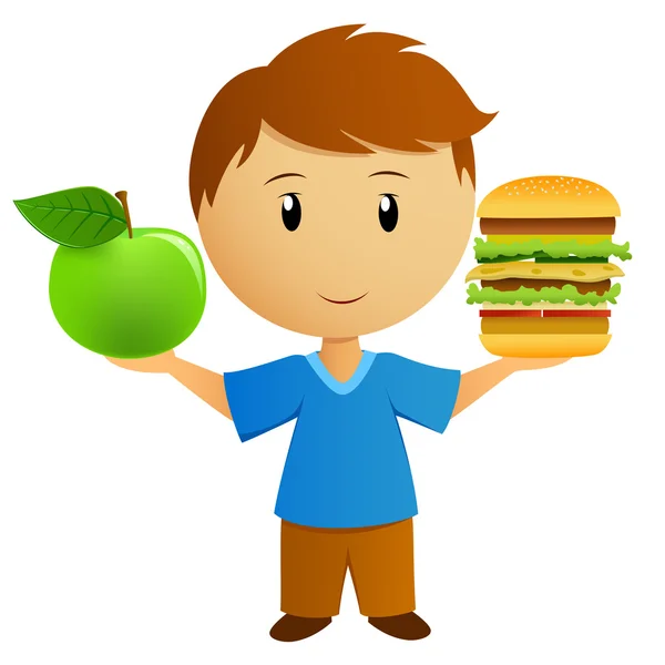 Young men with apple and hamburger — Stock Vector