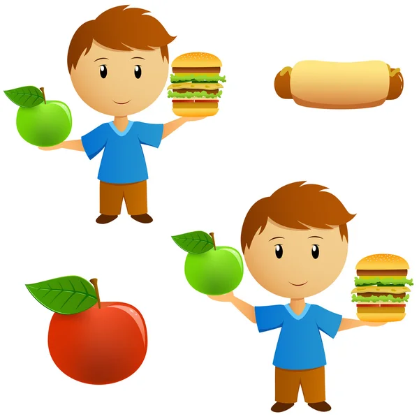Set of young men with apple and hamburger choice — Stock Vector