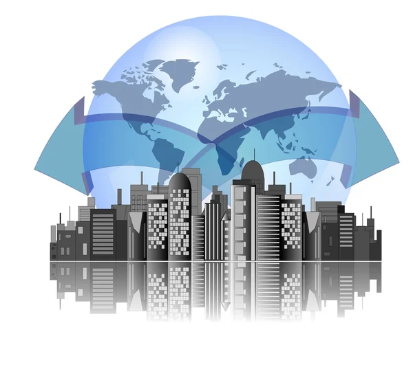 Stadens silhuett med jorden bakgrund och pilar för internationella affärer — Stock vektor