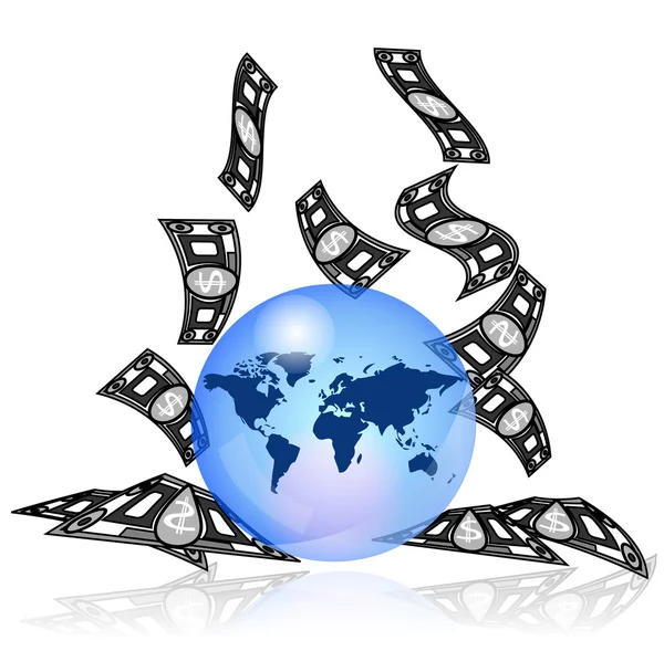 Blauwe aarde met geld — Stockvector