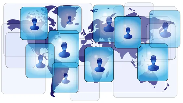 Mehrere Personen in Social-Media-Netzwerk auf Weltkarte — Stockvektor
