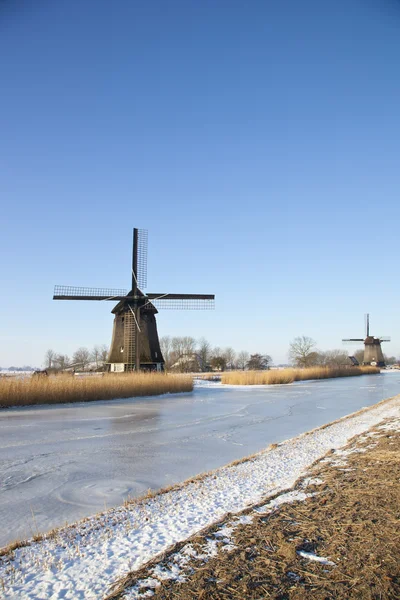 Two windmills in winter time with snow, ice and blue sky — Stock Photo, Image