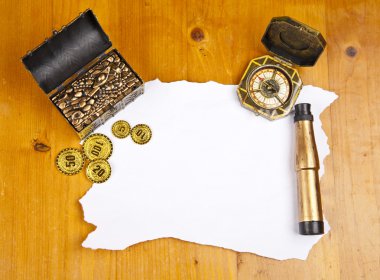 Pirate blank map with treasure, compass and binocular clipart
