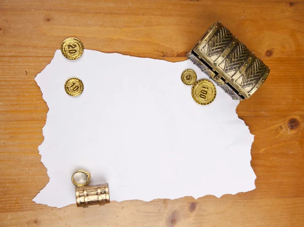 Pirate blank map with treasure, coins and ring — Stock Photo, Image