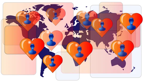 Peta dunia dengan orang-orang jatuh cinta. Cinta Internasional - Stok Vektor