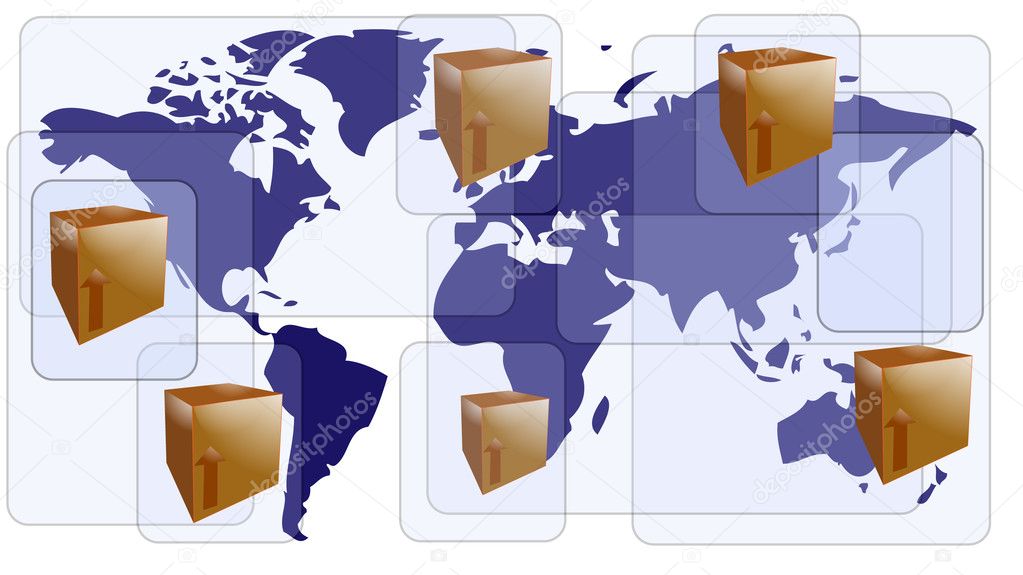 World map with boxes for international shipment