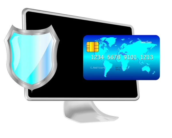 stock vector Computer with shield and credit card. Protected online payment
