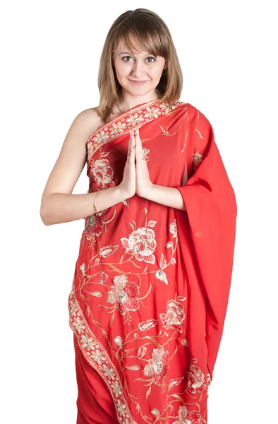 Het meisje in de rode sari Stockfoto