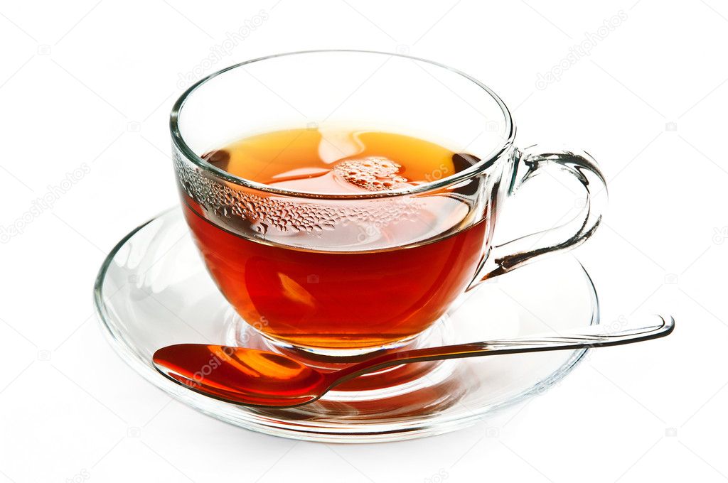 Cup of black, strong tea on white background.