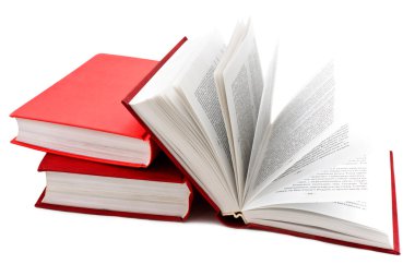 Stack of books with opened book on white clipart