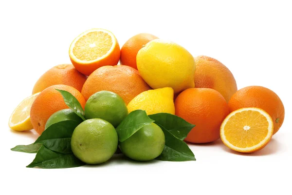 Naranjas maduras, pomelo y lima con hojas verdes . — Foto de Stock