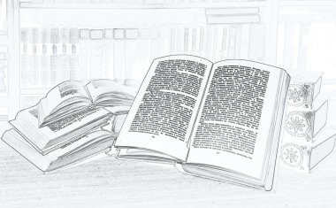 Pencil drawing.Some books in pile and the opened book clipart