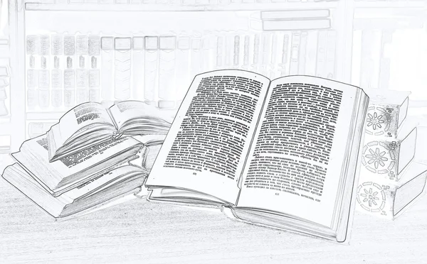 Tužka drawing.some knihy v hromadu a otevřenou knihu — Stock fotografie