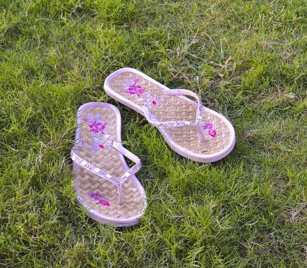 stock image Pair of sandals on grass