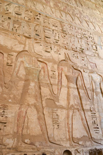 Ägyptische Hieroglyphen-Schnitzereien an einer Wand — Stockfoto