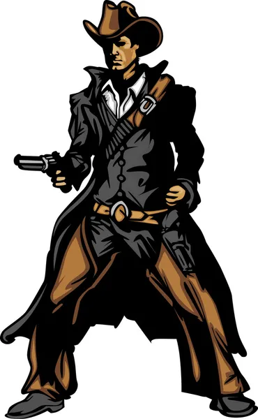 Cowboy Mascot Aiming Gun Vector Illustration — Stock Vector