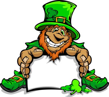 Smiling St. Patricks Day Leprechaun Holding Sign clipart