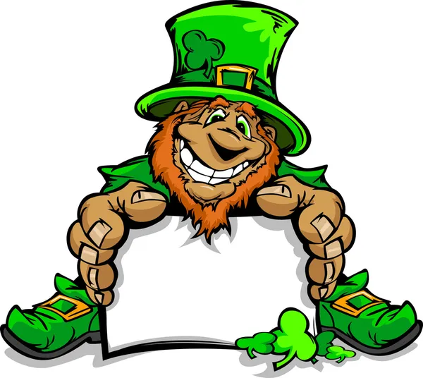 Smiling St. Patricks Day Leprechaun Holding Sign — Stock Vector