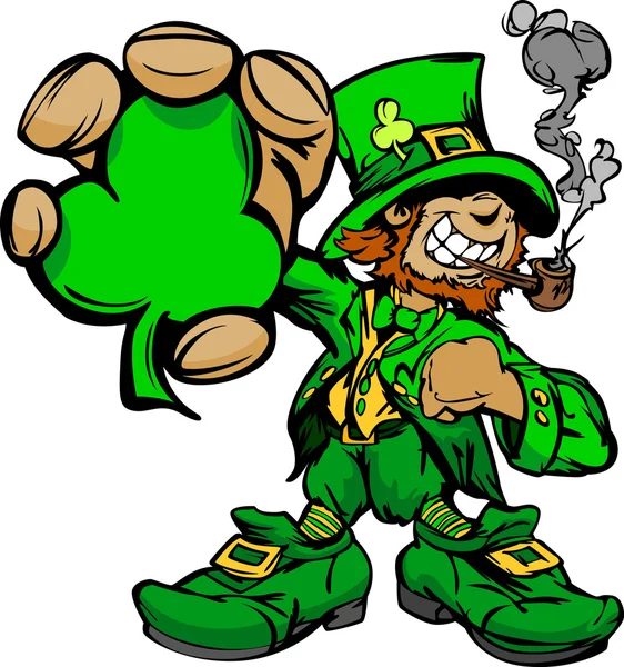 Smiling St. Patricks Day Leprechaun Holding Shamrock Clover — Stock Vector