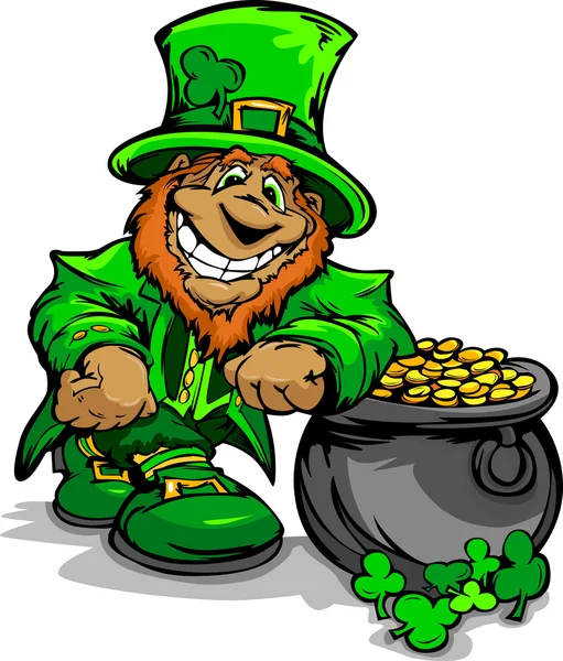 Smiling St. Patricks Day Leprechaun with Pot of Gold — Stock Vector