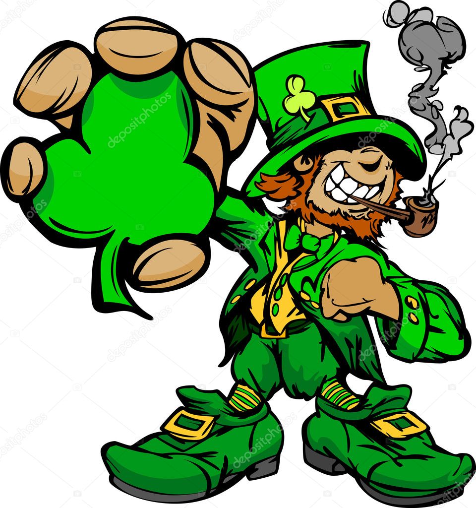 Smiling St. Patricks Day Leprechaun Holding Shamrock Clover