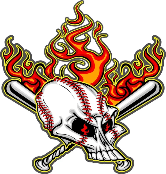 Crâne de baseball balle molle et chauves-souris Flaming Cartoon Image — Image vectorielle