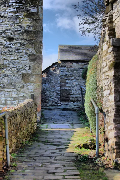 Caminho de tijolo alinhado por casas de pedra — Fotografia de Stock