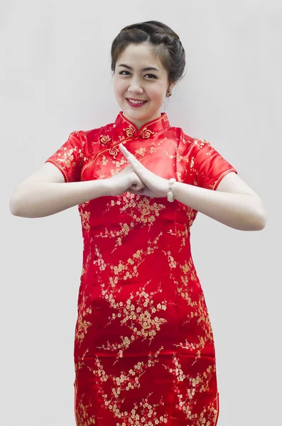 Ευτυχισμένος Κινέζοs νέο έτος. όμορφη γυναίκα της Ασίας με χειρονομία του co — Φωτογραφία Αρχείου
