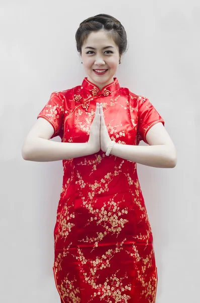 Boldog kínai újév. gyönyörű ázsiai nő, gesztus, Co — Stock Fotó