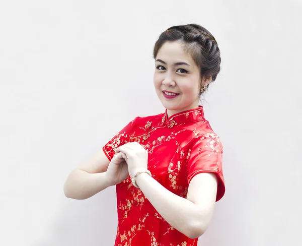 Zadowolony Chińczyk nowy rok. piękna kobieta Azji z gest co — Zdjęcie stockowe