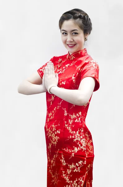 Ευτυχισμένος Κινέζοs νέο έτος. όμορφη γυναίκα της Ασίας με χειρονομία του co — Φωτογραφία Αρχείου