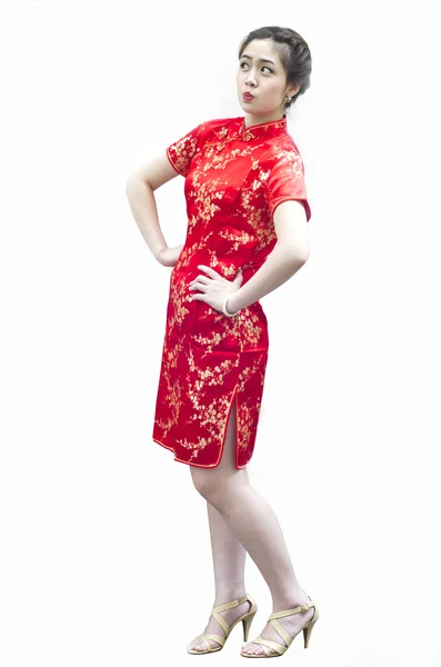 Leende vackra kinesiska ung kvinna gestikulerande med tradition c — Stockfoto