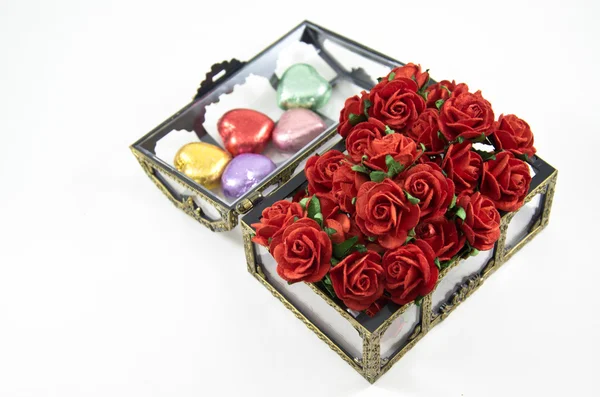 Opening Chocolate boxes with roses — Stock Photo, Image