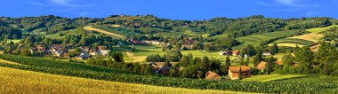 Green landscape villsge scenery, with corn and hay fields clipart