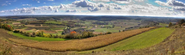Valle verde y campos dorados, panorama del paisaje — Foto de Stock