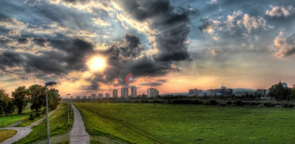 stock image Sava river bank under dramatic sky