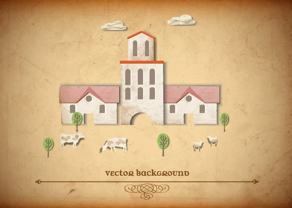 Igreja medieval e ovelhas, vacas — Vetor de Stock