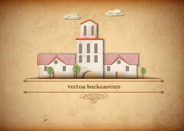 Iglesia medieval hecha de papel viejo — Vector de stock