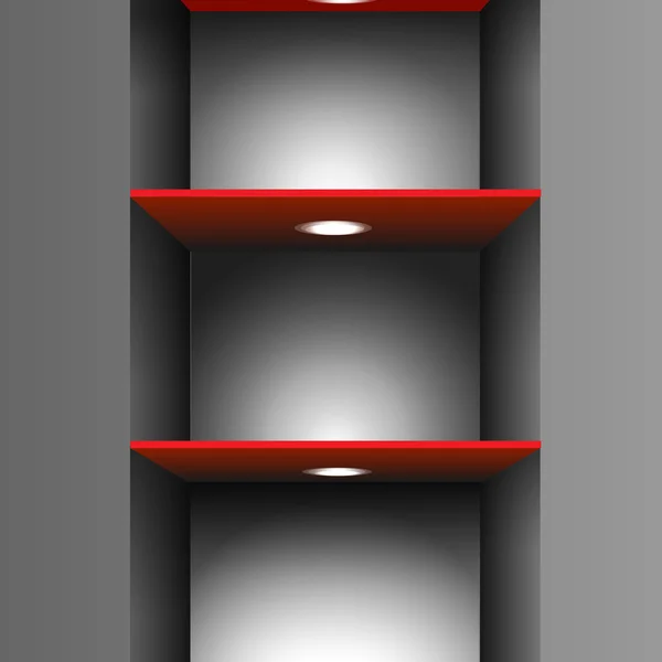 Prateleira vazia vermelha com iluminação — Vetor de Stock