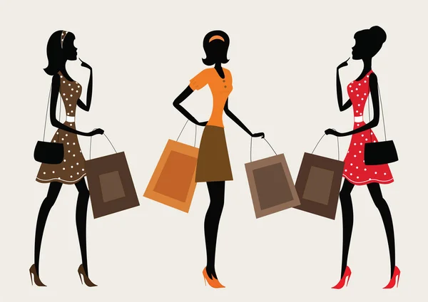 Trois silhouettes d'une femme faisant du shopping — Image vectorielle