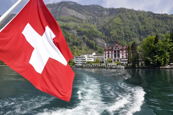 Barca bandiera svizzera . Immagine Stock
