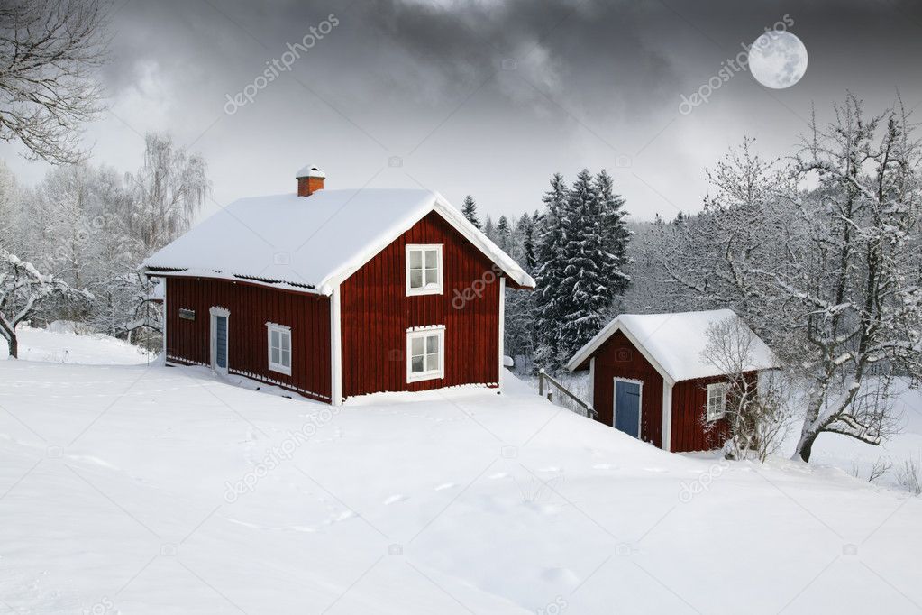 Red houses in snow forest under full moon