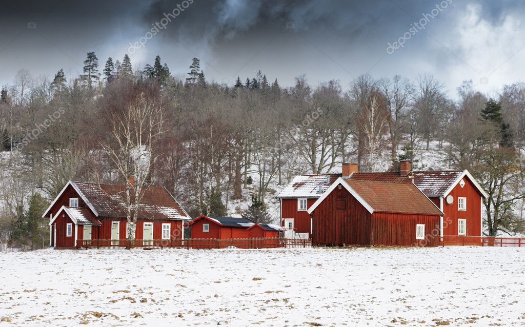 Red houses in snow village