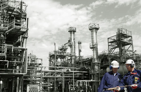 stock image Oil workers inside chemical refinery