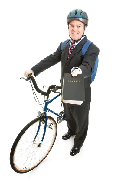 Foto stock de missionário religioso com bicicleta — Fotografia de Stock