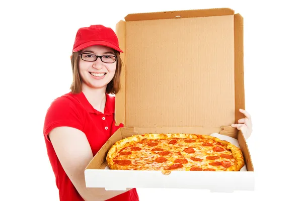 Lager foto ganska pizza leverans Tjej — Stockfoto