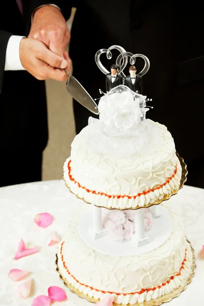 Matrimonio gay - Cortar pastel de boda —  Fotos de Stock